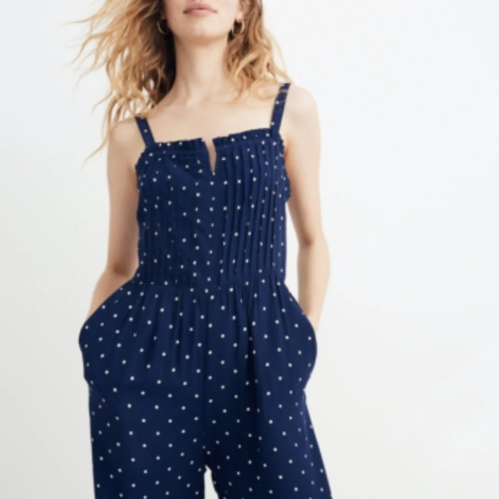 Madewell Cami Pintuck Convertible Ruffle Navy White Polka Dot Jumpsuit‎ 00